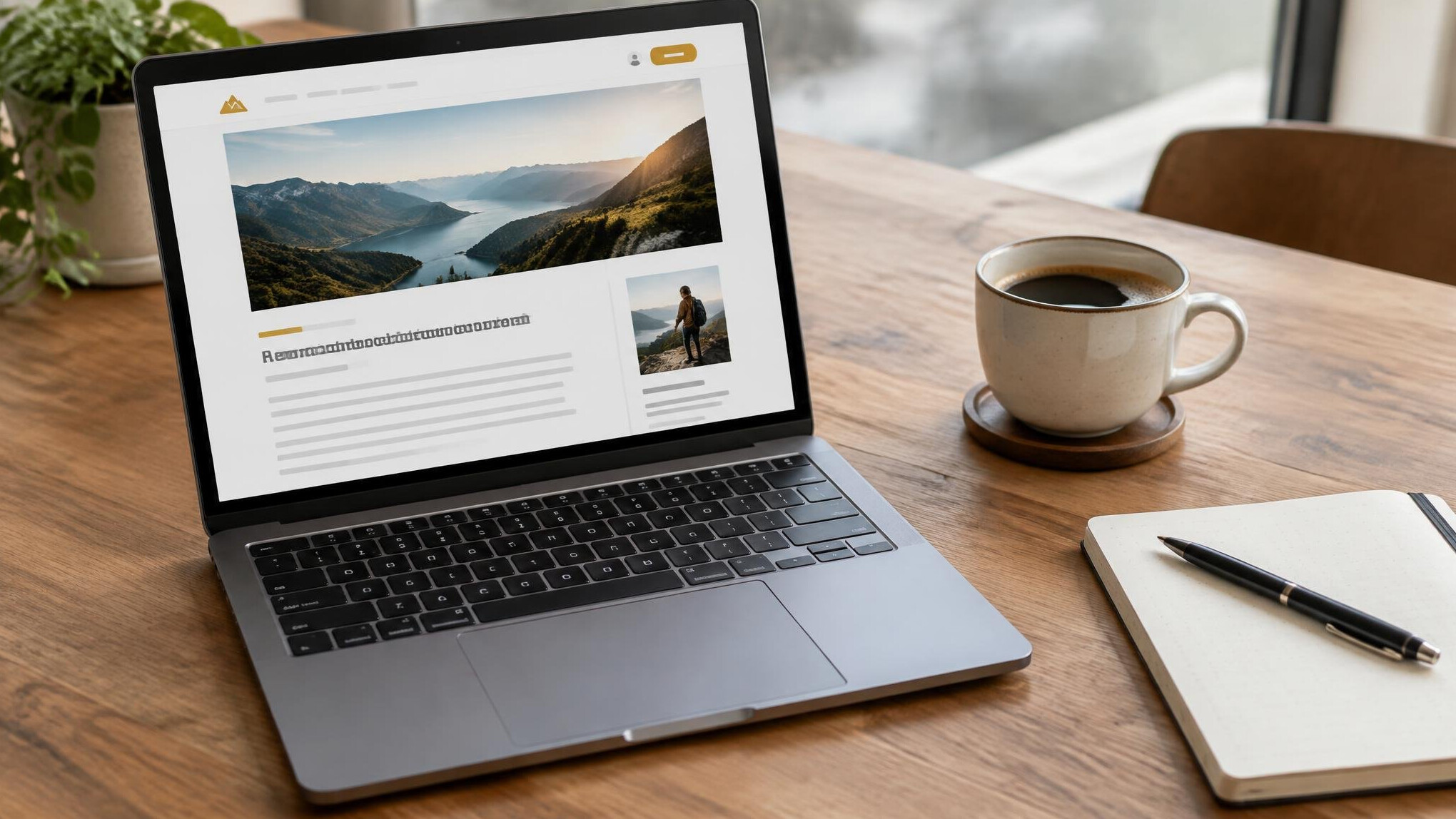 Laptop and notebook on a desk with a cup of coffee