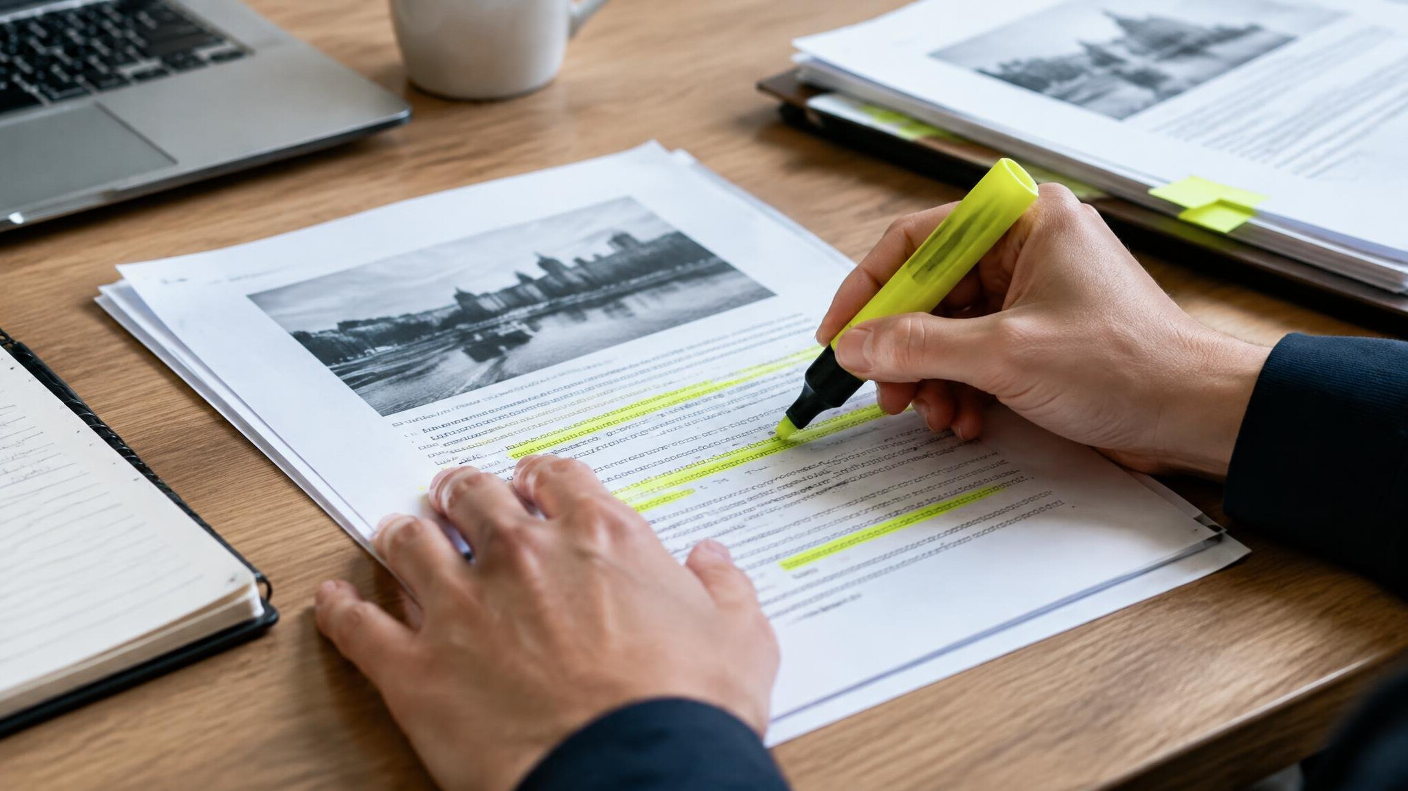 Close-up of hands reviewing printed documents with a highlighter