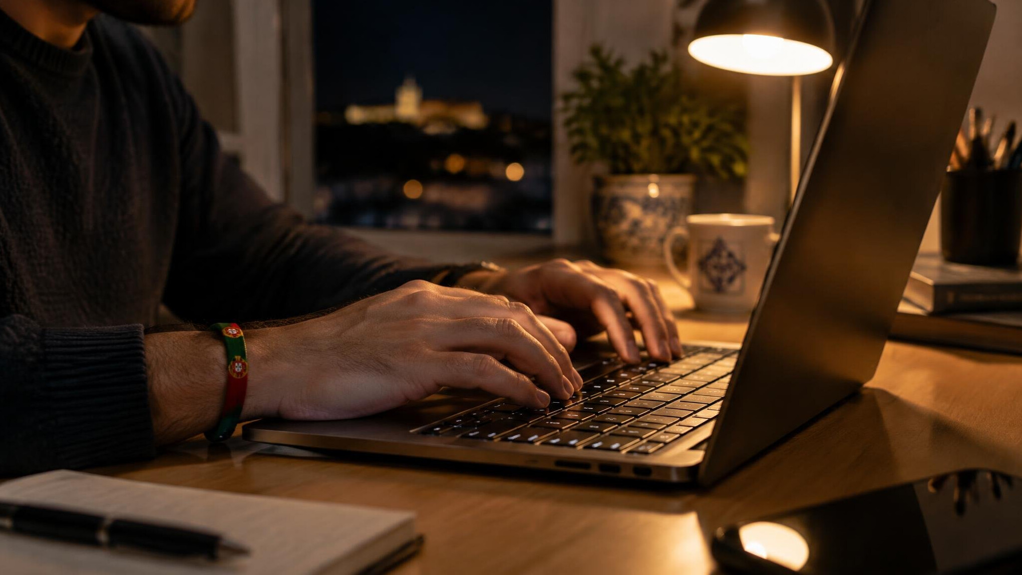 Person typing on a laptop at a desk at night