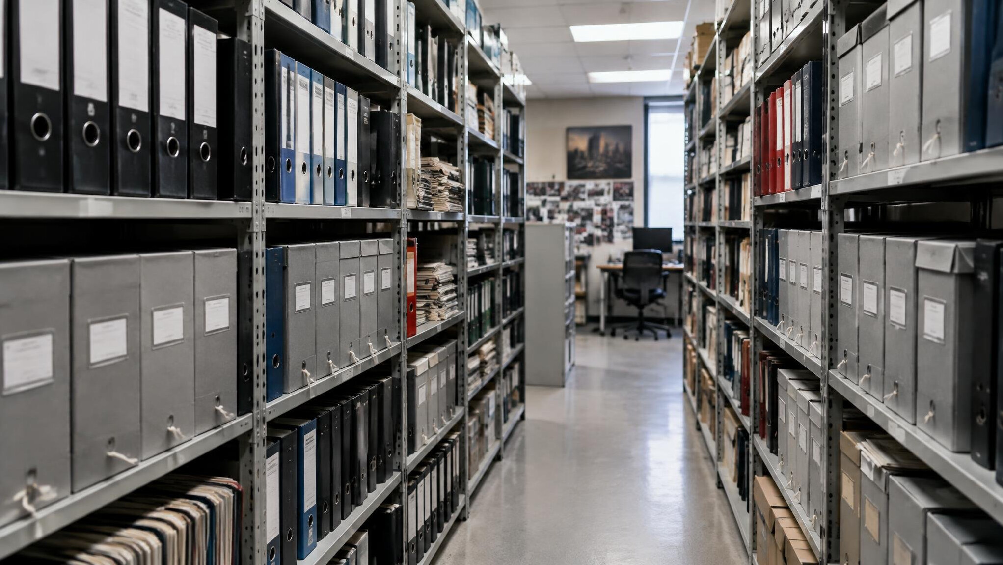 Rows of archive shelves filled with binders and documents
