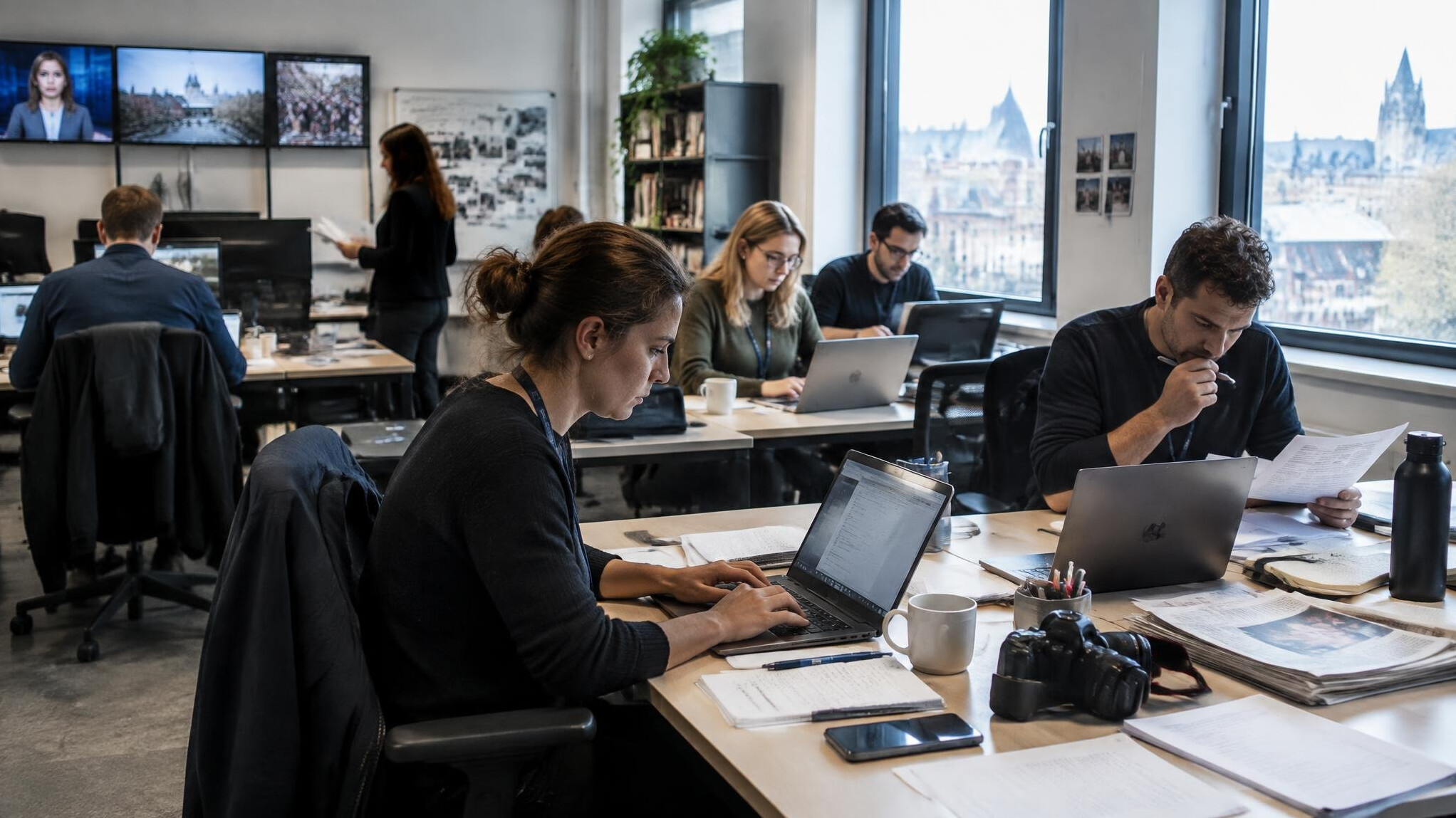 Journalists working at desks in a newsroom office