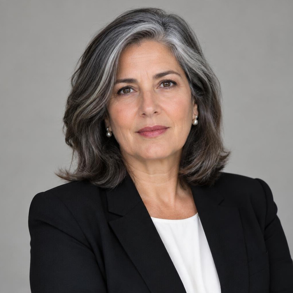 Studio portrait of a Portuguese woman editor in her 50s